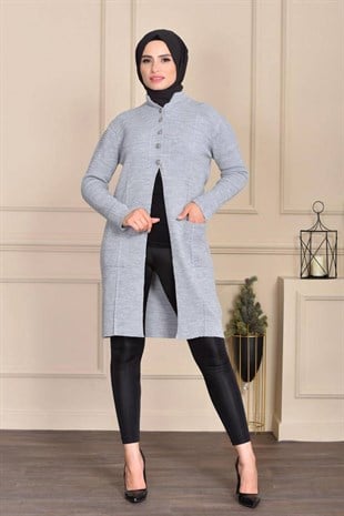 Beş Düğmeli Kemerli Triko Ceket -Açık Gri