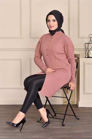 Beş Düğmeli Kemerli Triko Ceket -Pudra