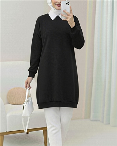 Bisiklet Yaka Armalı Yırtmaçlı Penye Sweat -Siyah