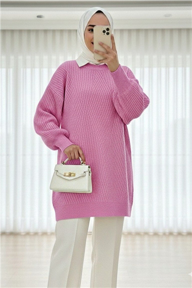 Bisiklet Yaka Baklava Desen Triko Kazak          -Pembe