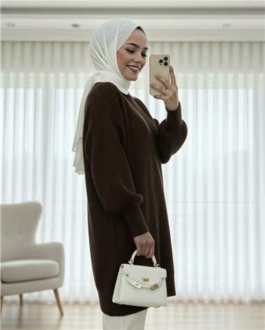 Bisiklet Yaka Baklava Desen Triko Kazak             -K. Kahve