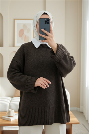Bisiklet Yaka Eteği Fitilli Salaş Triko Kazak      -K. Kahve
