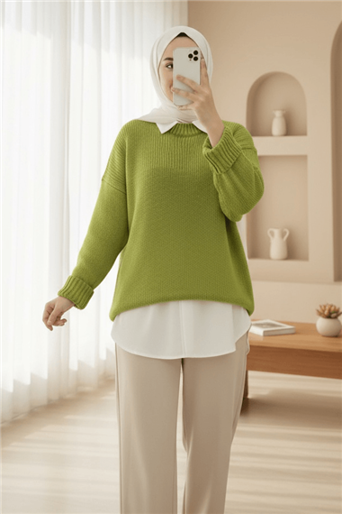 Womens Crew-Neck Hem Ribbed Relaxed Knit Sweater -F.green - Pistachio Green
