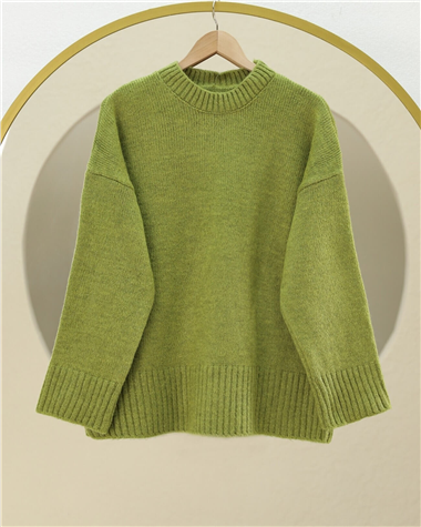 Womens Crew-Neck Hem Ribbed Relaxed Knit Sweater -F.green - Pistachio Green