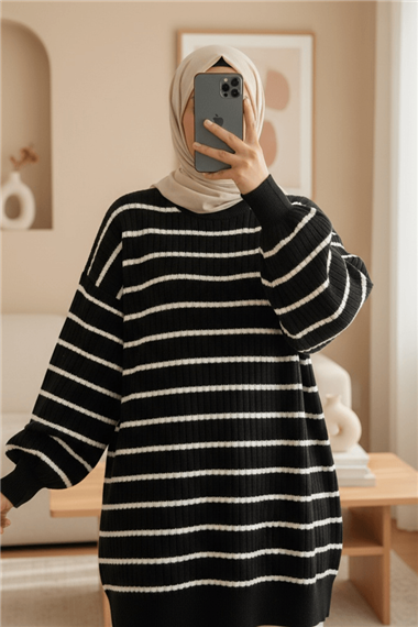 Bisiklet Yaka Fitilli Triko Tunik -Siyah