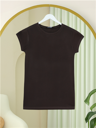 Bisiklet Yaka Kısa Kol Penye İçlik -Kahve