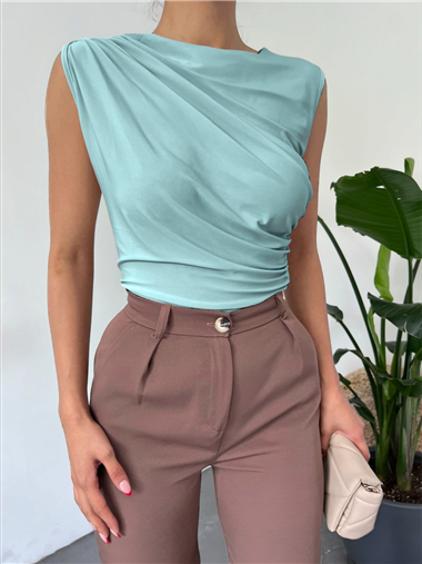 Bisiklet Yaka Sıfır Kol Sandy Bluz  -Mint