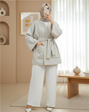 Biye Detaylı Çift Cepli Kuşaklı Kaşe Kimono -Bej