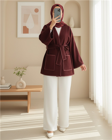 Biye Detaylı Çift Cepli Kuşaklı Kaşe Kimono -Bordo