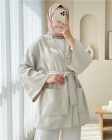 Biye Detaylı Çift Cepli Kuşaklı Kaşe Kimono -Bej