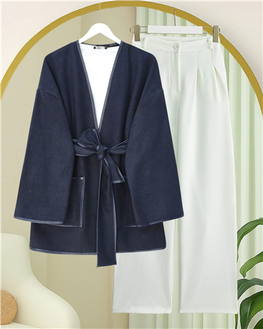 Biye Detaylı Çift Cepli Kuşaklı Kaşe Kimono -Laci