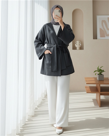Biye Detaylı Çift Cepli Kuşaklı Kaşe Kimono -Füme