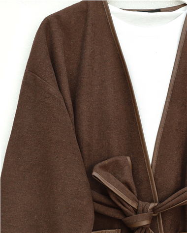 Biye Detaylı Çift Cepli Kuşaklı Kaşe Kimono -Kahve