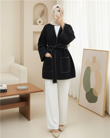 Biye Detaylı Çift Cepli Kuşaklı Kaşe Kimono -Siyah
