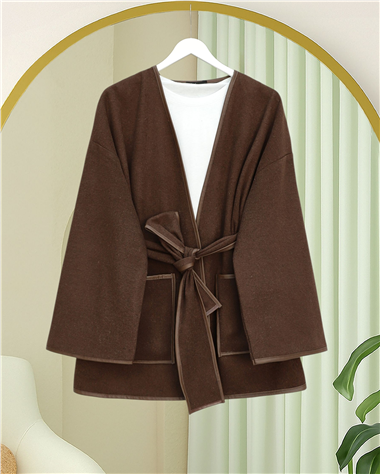 Biye Detaylı Çift Cepli Kuşaklı Kaşe Kimono -Kahve