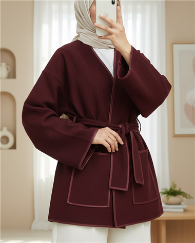 Biye Detaylı Çift Cepli Kuşaklı Kaşe Kimono -Bordo