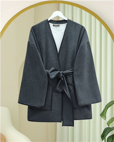 Biye Detaylı Çift Cepli Kuşaklı Kaşe Kimono -Füme