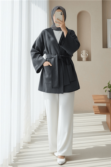 Biye Detaylı Çift Cepli Kuşaklı Kaşe Kimono -Füme
