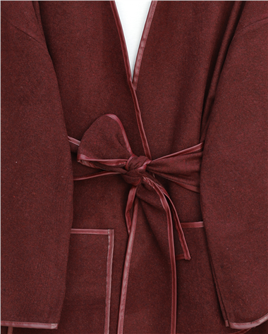 Biye Detaylı Çift Cepli Kuşaklı Kaşe Kimono -Bordo
