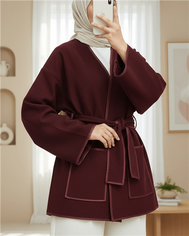 Biye Detaylı Çift Cepli Kuşaklı Kaşe Kimono -Bordo
