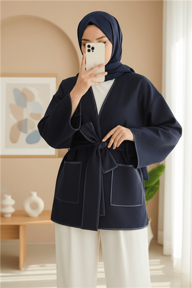 Biye Detaylı Çift Cepli Kuşaklı Kaşe Kimono -Laci