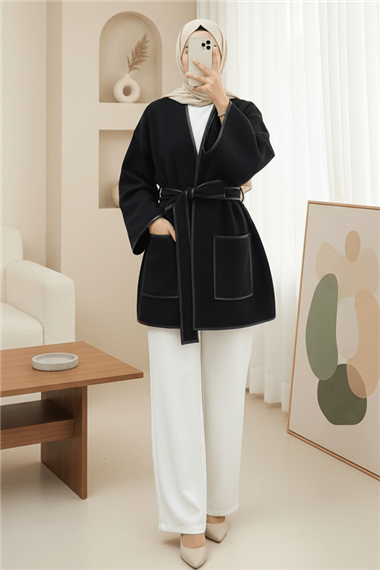 Biye Detaylı Çift Cepli Kuşaklı Kaşe Kimono -Siyah