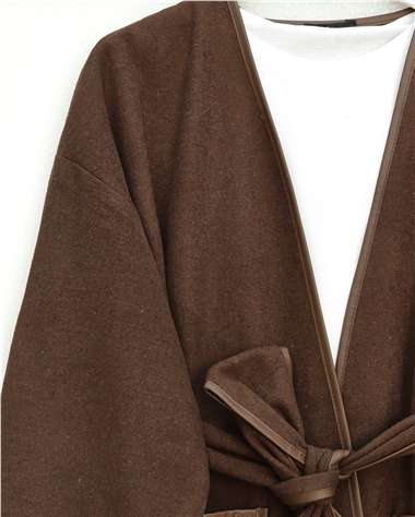 Biye Detaylı Çift Cepli Kuşaklı Kaşe Kimono -Kahve