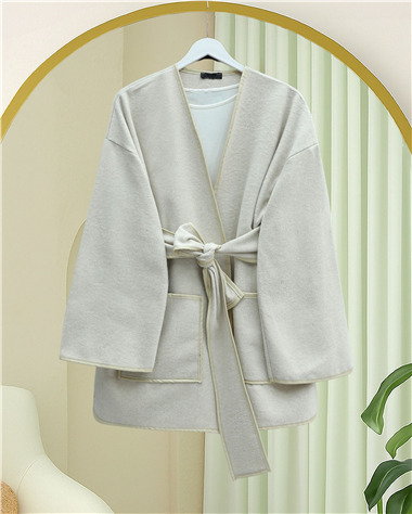 Biye Detaylı Çift Cepli Kuşaklı Kaşe Kimono -Bej