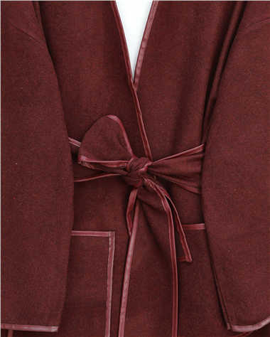 Biye Detaylı Çift Cepli Kuşaklı Kaşe Kimono -Bordo