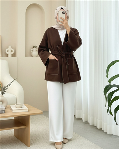 Biye Detaylı Çift Cepli Kuşaklı Kaşe Kimono -Kahve