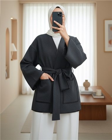 Biye Detaylı Çift Cepli Kuşaklı Kaşe Kimono -Füme