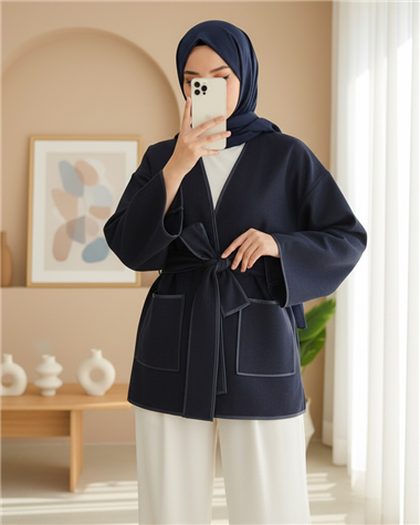 Biye Detaylı Çift Cepli Kuşaklı Kaşe Kimono -Laci