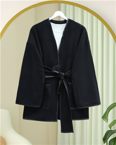Biye Detaylı Çift Cepli Kuşaklı Kaşe Kimono -Siyah