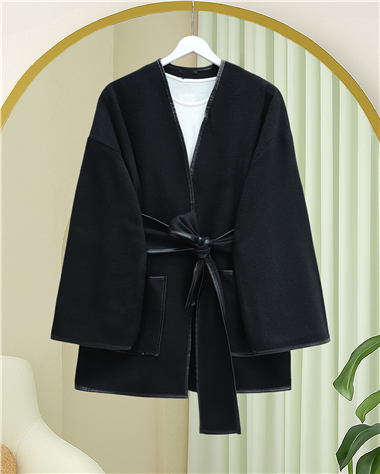 Biye Detaylı Çift Cepli Kuşaklı Kaşe Kimono -Siyah