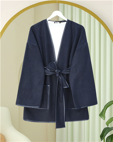 Biye Detaylı Çift Cepli Kuşaklı Kaşe Kimono -Laci