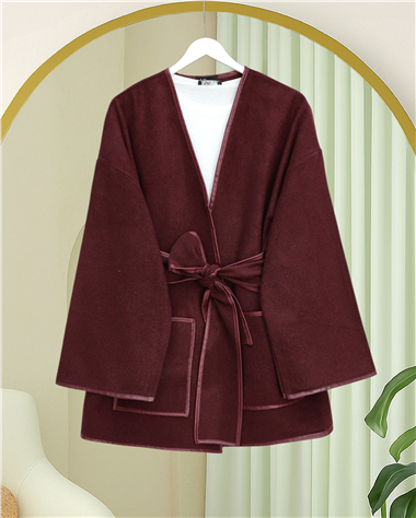 Biye Detaylı Çift Cepli Kuşaklı Kaşe Kimono -Bordo