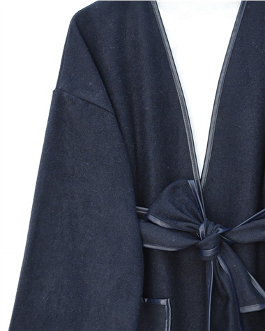 Biye Detaylı Çift Cepli Kuşaklı Kaşe Kimono -Laci