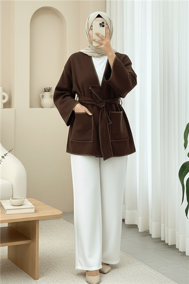 Biye Detaylı Çift Cepli Kuşaklı Kaşe Kimono -Kahve
