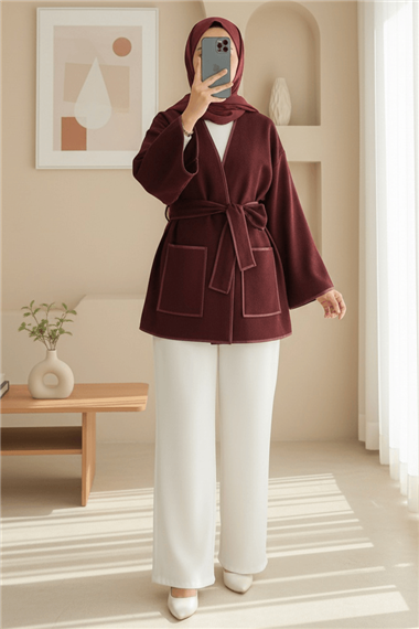 Biye Detaylı Çift Cepli Kuşaklı Kaşe Kimono -Bordo