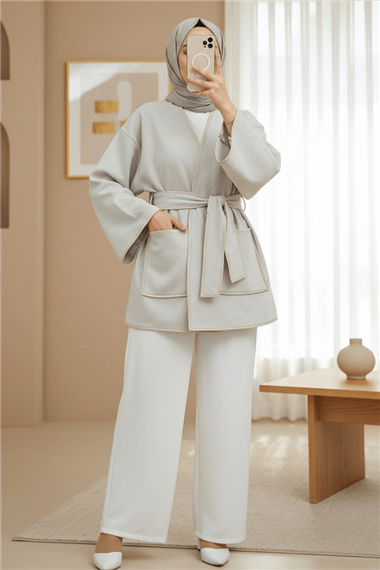 Biye Detaylı Çift Cepli Kuşaklı Kaşe Kimono -Bej