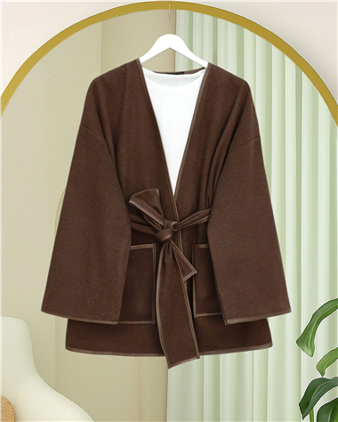 Biye Detaylı Çift Cepli Kuşaklı Kaşe Kimono -Kahve