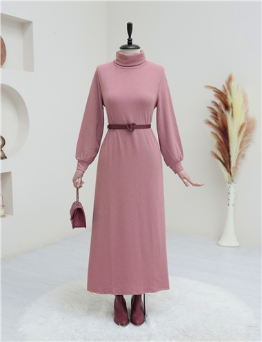 Boğazlı Fitilli Elbise  -Pembe