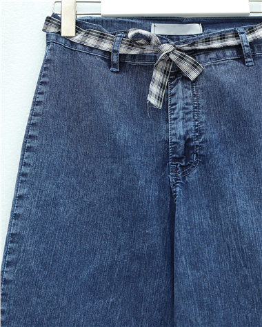 Bol Paça Beli Kuşaklı Fermuarlı Kot Pantolon -Koyu Mavi