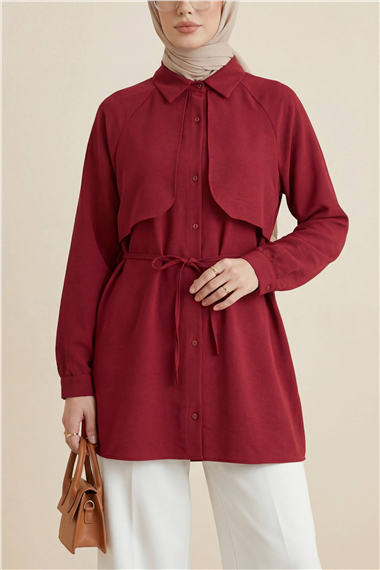 Bolero Detaylı Bağcıklı Poplin Tunik -Bordo