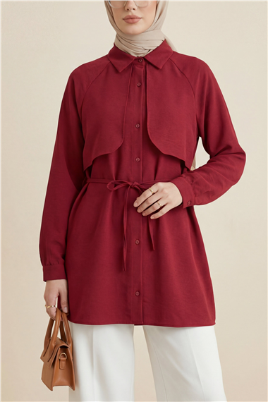 Bolero Detaylı Bağcıklı Poplin Tunik -Bordo