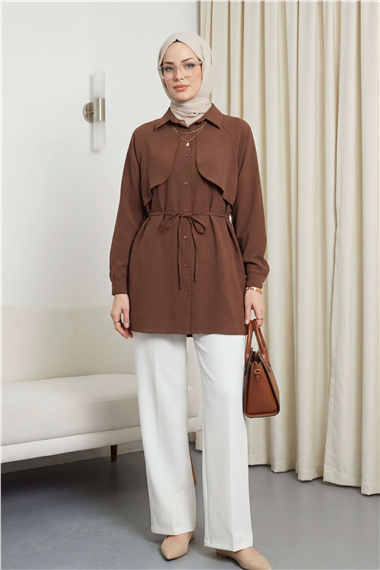 Bolero Detaylı Bağcıklı Poplin Tunik -Kahve