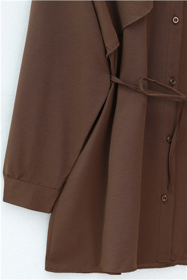 Bolero Detaylı Bağcıklı Poplin Tunik -Kahve