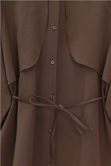 Bolero Detaylı Bağcıklı Poplin Tunik -Kahve