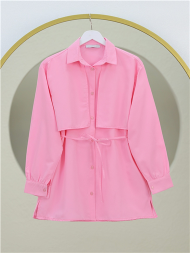 Bolero Detaylı Beli Bağlamalı Yırtmaçlı Gömlek  -Pembe