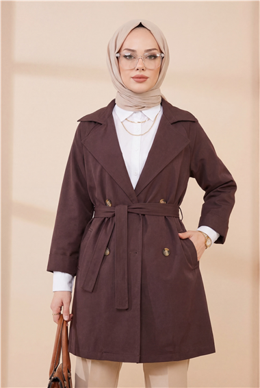 Bolero Detaylı Düğmeli Ara Boy Trençkot -Mürdüm